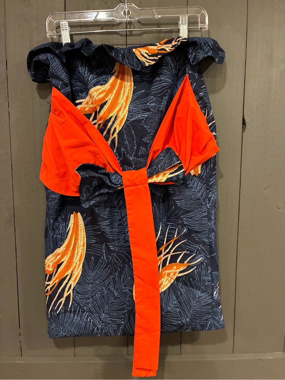 Handmade Crane Print Strapless Mini Dress Ruffle Tie Waist Navy Orange Small